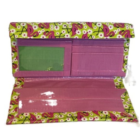 Clutch Duct Tape Wallet Green Pink Flamingo Pattern 7.5" x 4" Pocketbook Pouch - Picture 5 of 11